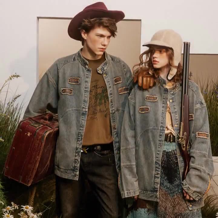 Embroidered Denim Jacket With A Stand-Up Collar