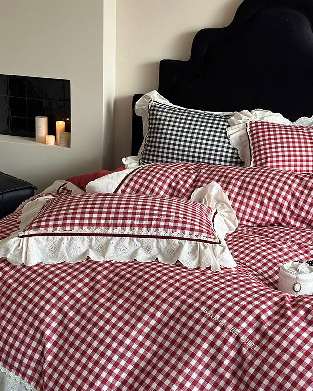 Hazel Vintage Gingham Ruffle Bedding Set - Black