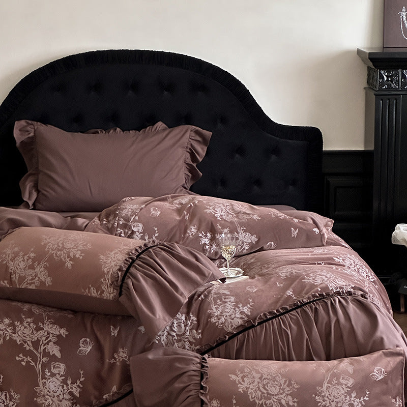 Jacquard Gilded Velvet Ruffled Bedding Set - Pink