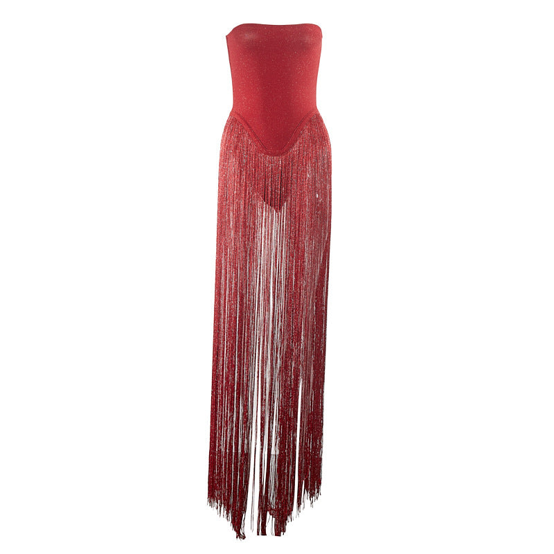 Strapless Fringe Red Dress