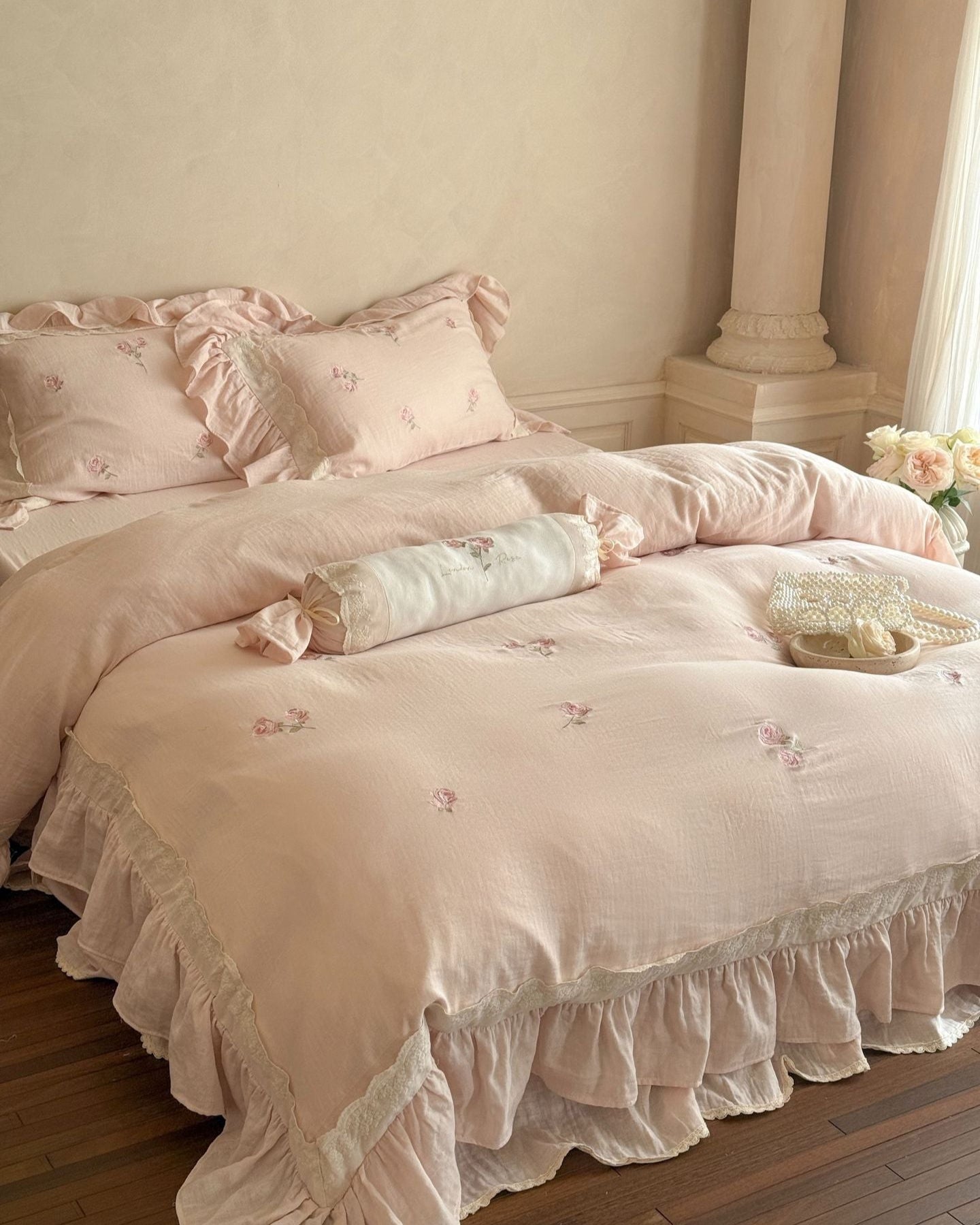 Beatrice Rose Lace Ruffle Bedding Set - Blue