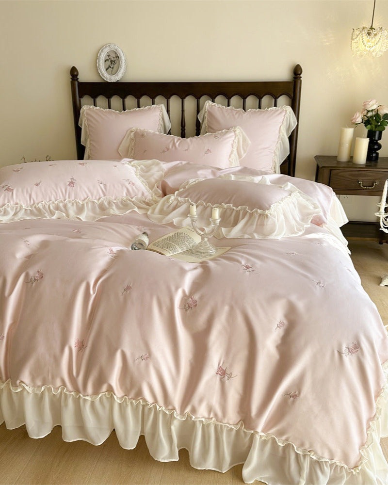 Rosalie Embroidered Cotton Ruffle Bedding Set - Pink Blush
