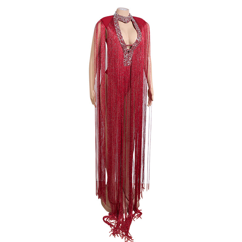 Deep V Rhinestone Fringed Dress - Red