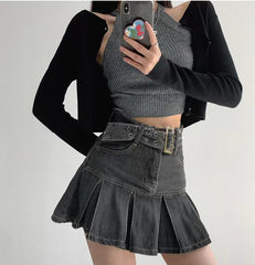 Slim Denim Short Pleated Skirt