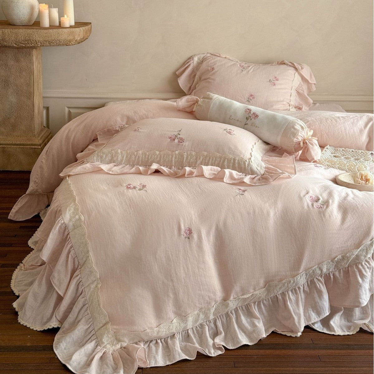 Beatrice Rose Lace Ruffle Bedding Set - Blue