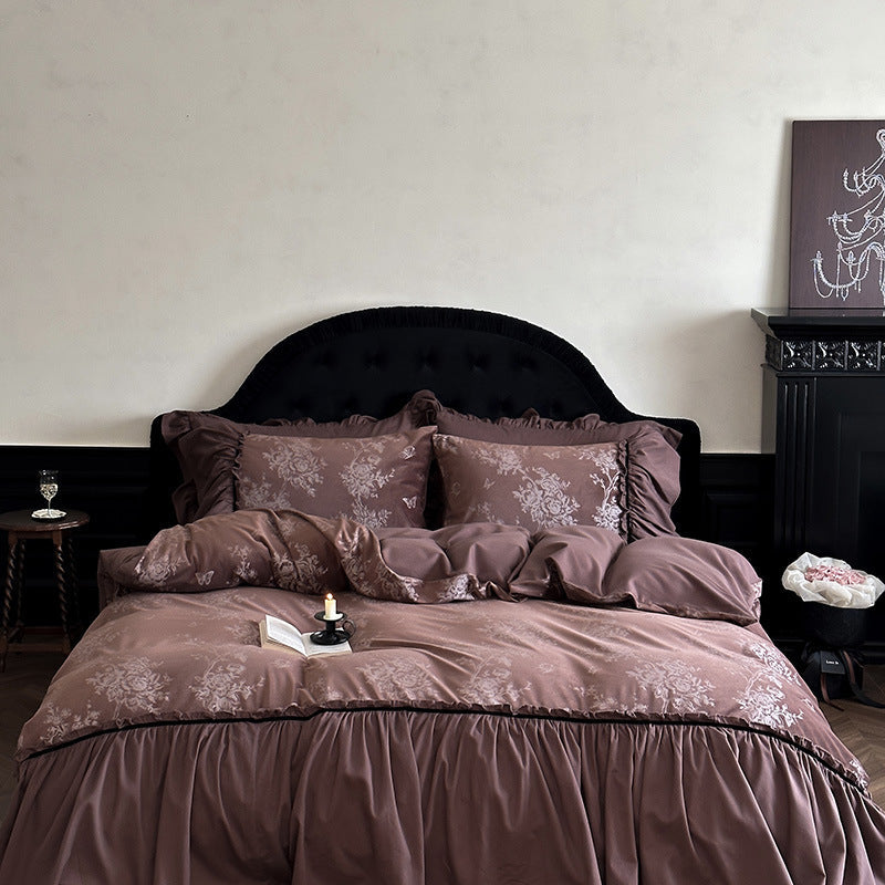 Jacquard Gilded Velvet Ruffled Bedding Set - Pink