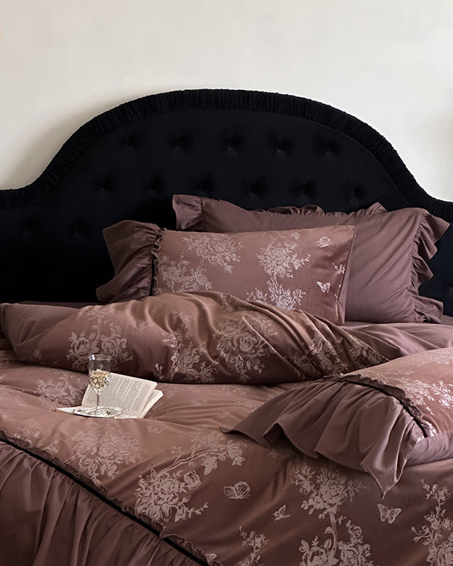 Jacquard Gilded Velvet Ruffled Bedding Set - Pink
