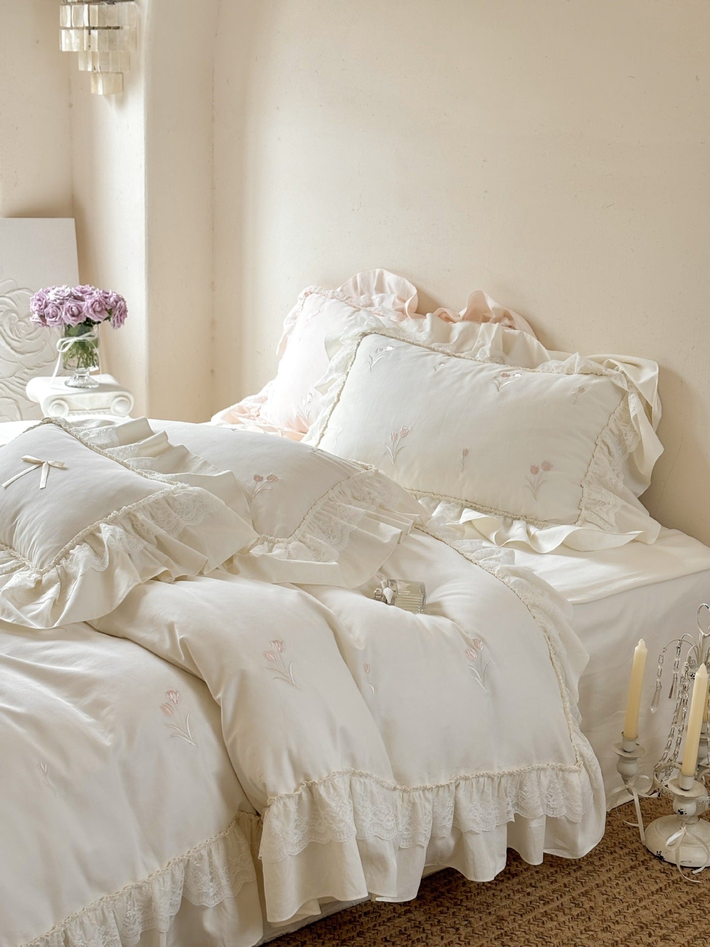 Chiffon Lace Princess Bedding Set - French White