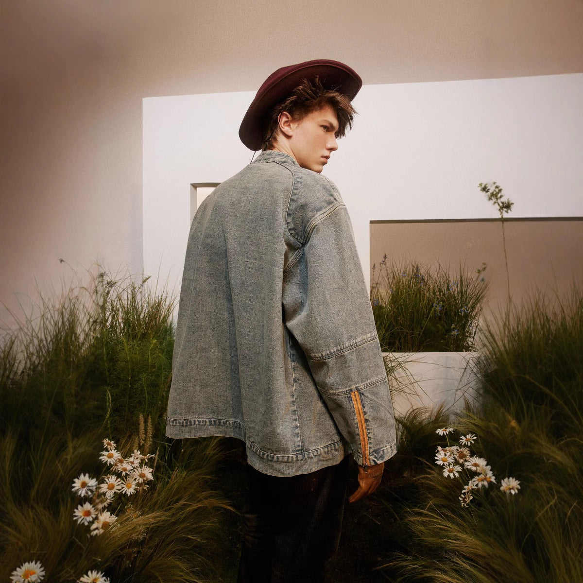 Embroidered Denim Jacket With A Stand-Up Collar