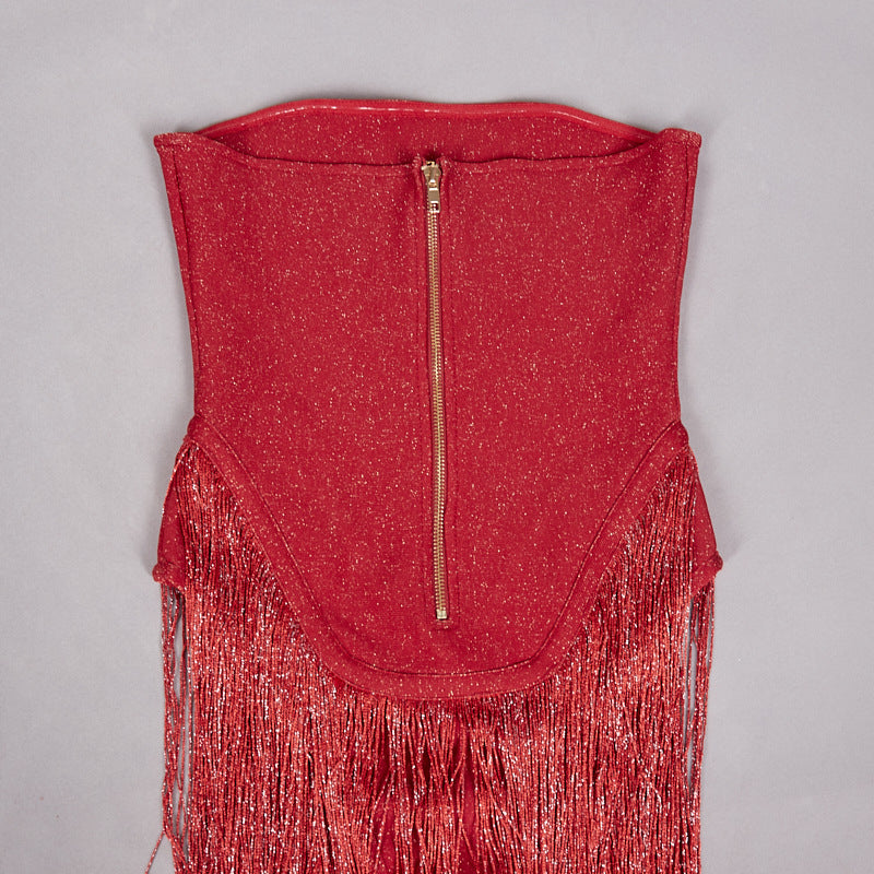 Strapless Fringe Red Dress