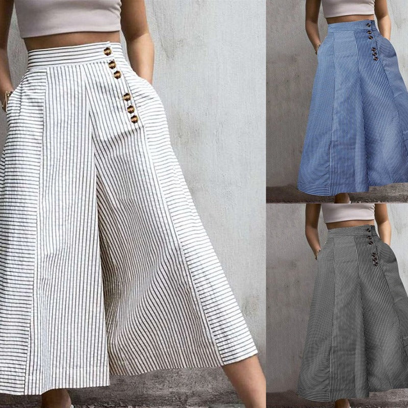 Retro High Waist Striped Printed Wide Leg Pants