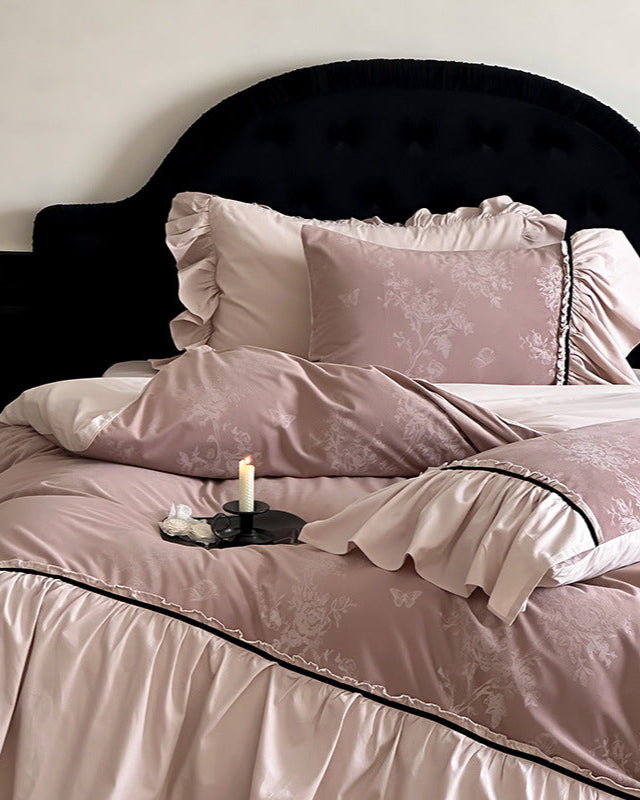 Jacquard Gilded Velvet Ruffled Bedding Set - Pink