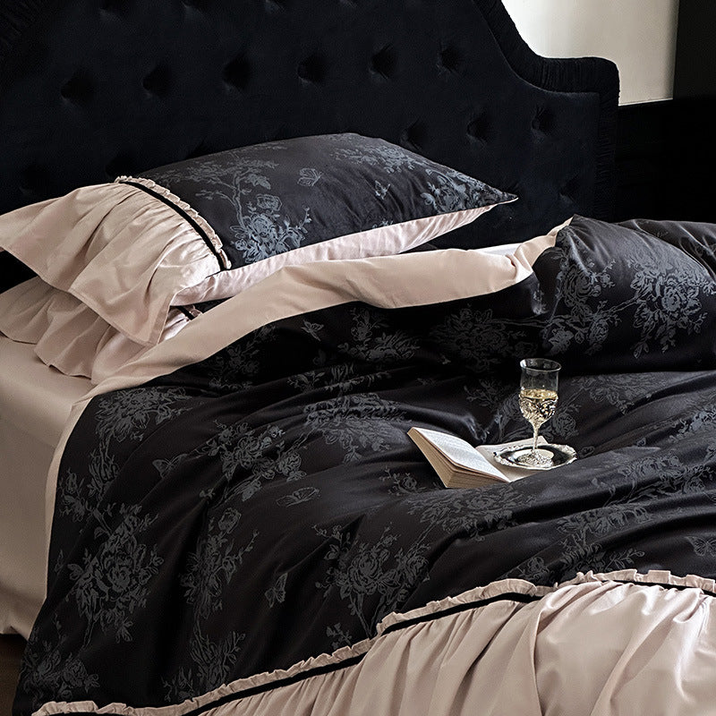 Jacquard Gilded Velvet Ruffled Bedding Set - Black