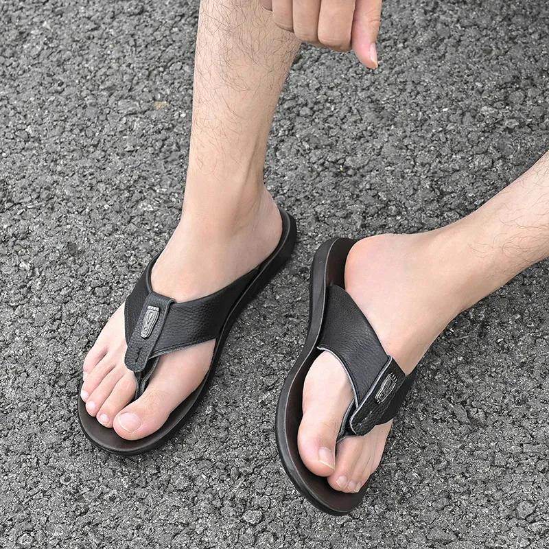 Men's Layer Cowhide Flip-flops Summer Deodorant Outdoor Flip Flops