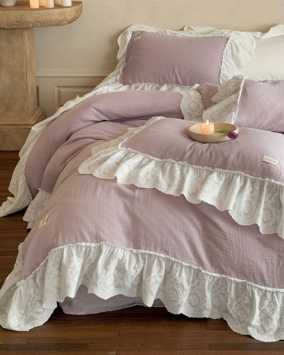 Macaroon French Lace Ruffled Bedding Set - Blue