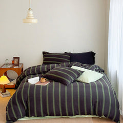 Vintage Striped Washed Cotton Bedding Set - Black & Green
