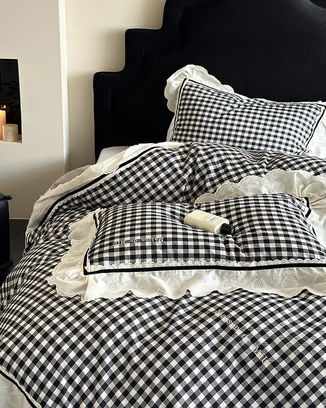 Hazel Vintage Gingham Ruffle Bedding Set - Black