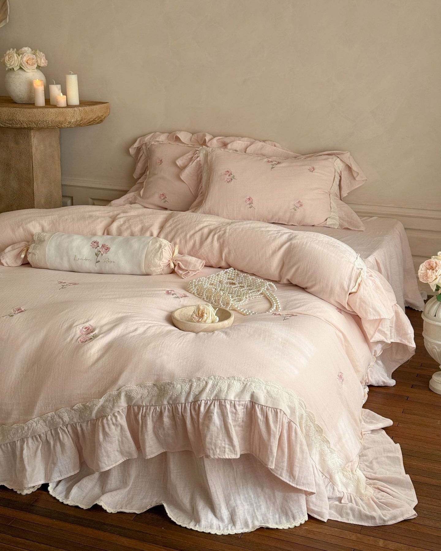Beatrice Rose Lace Ruffle Bedding Set - Pink