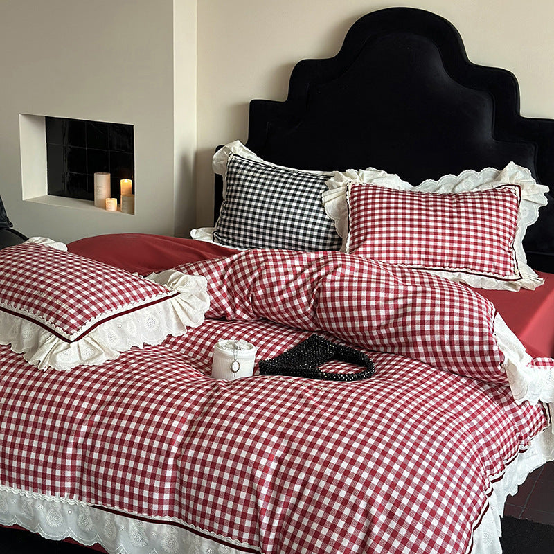 Hazel Vintage Gingham Ruffle Bedding Set - Black