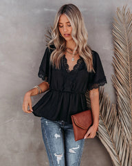 Short Sleeve V-Neck Pullover Lace Shirt Solid Color Casual Top