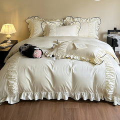 French Pleated Ruffle Bedding Set - Cream