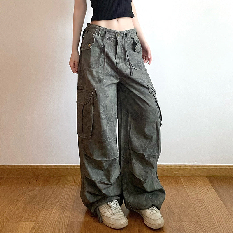 Printed Loose Casual Straight Low Rise Cargo Trousers