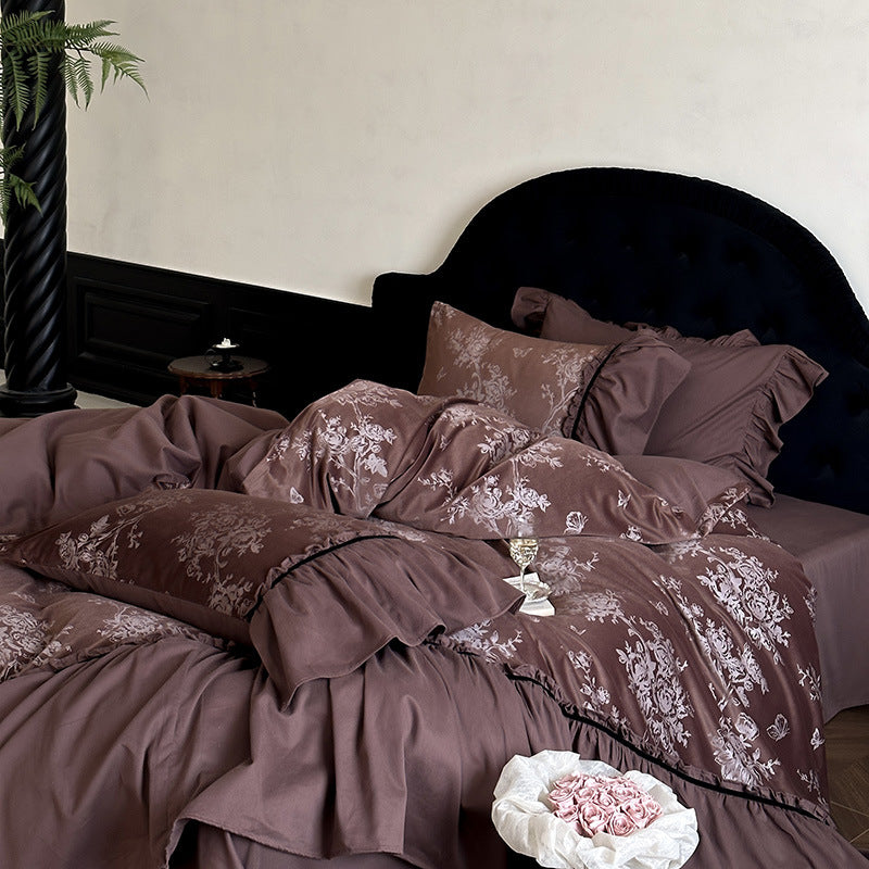 Jacquard Gilded Velvet Ruffled Bedding Set - Pink