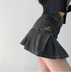 Slim Denim Short Pleated Skirt