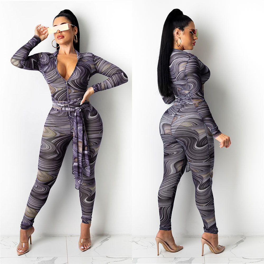 Printed Cutout Backless Tie-up Long-sleeve Jumpsuit
