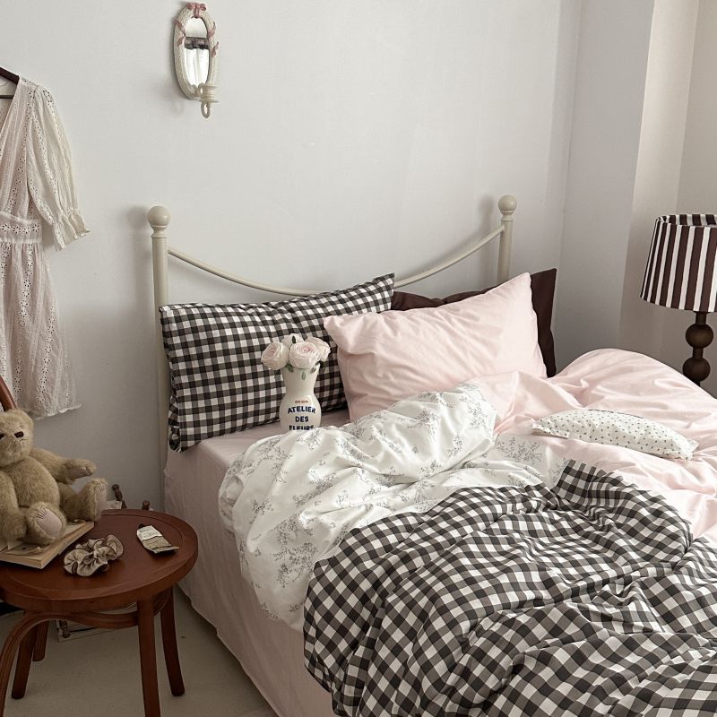 Emi Patchwork Gingham Bedding Set - Soft Mocha Pink