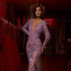 Elegant Sequined Long Sleeve Deep V Evening Dress