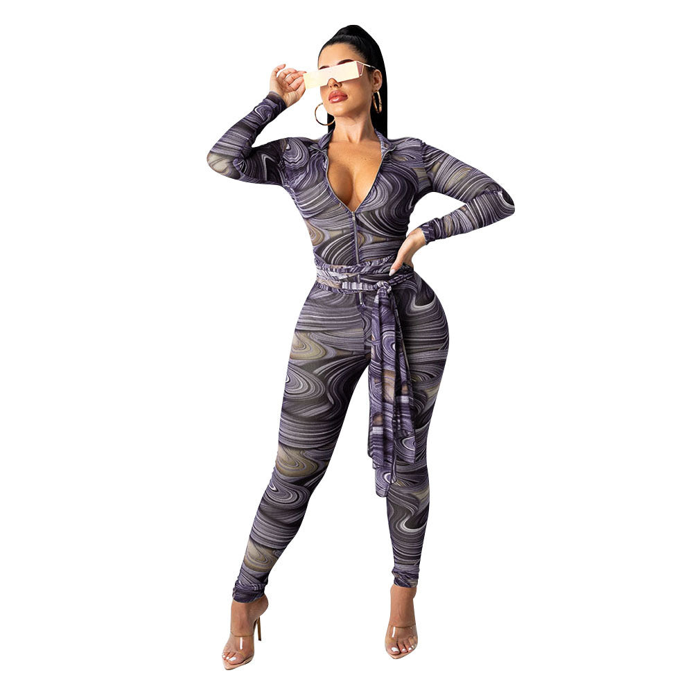 Printed Cutout Backless Tie-up Long-sleeve Jumpsuit