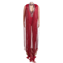 Deep V Rhinestone Fringed Dress - Red
