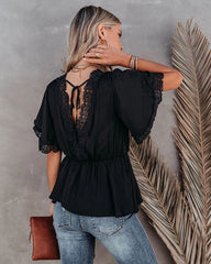 Short Sleeve V-Neck Pullover Lace Shirt Solid Color Casual Top