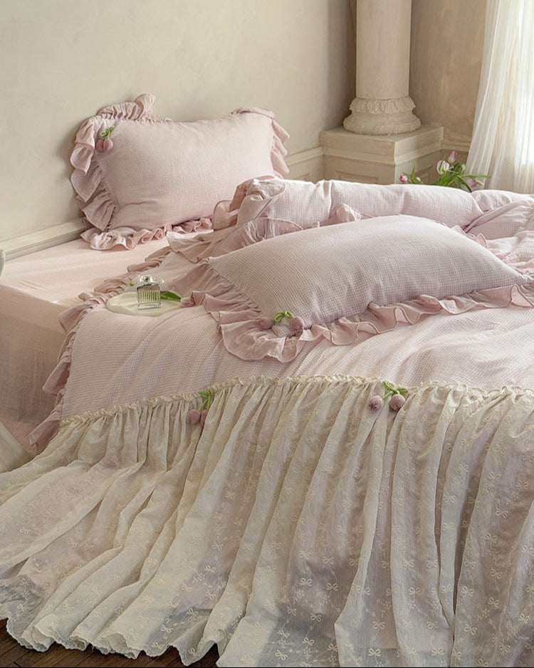 Bella Floral Lace Ruffled Princess Bedding Set - Pink