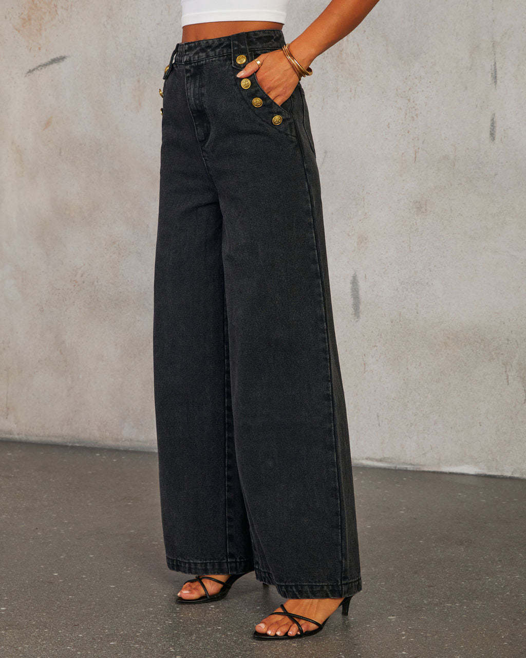 Button Sleeveless Vest Wide-Leg Jeans Set