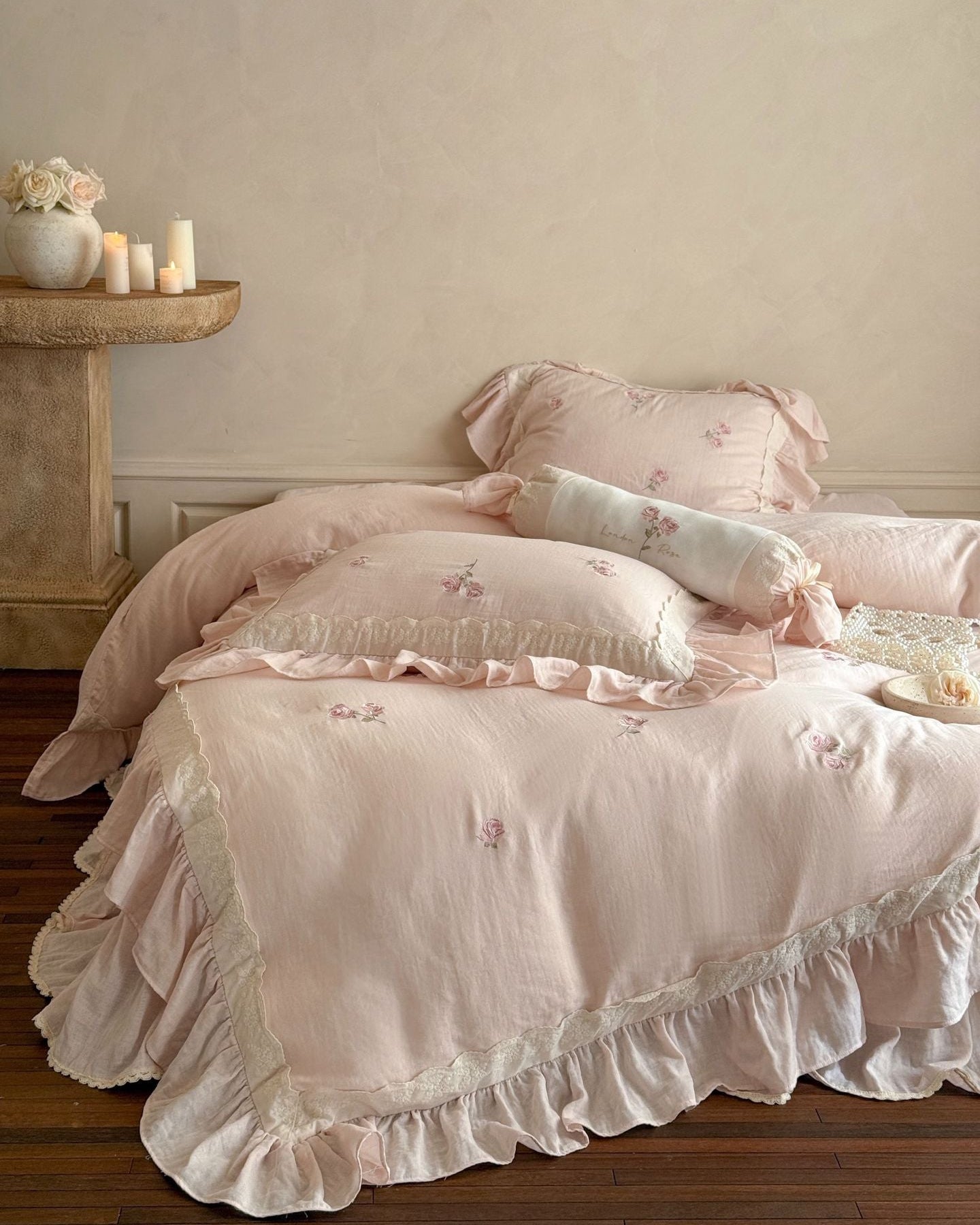 Beatrice Rose Lace Ruffle Bedding Set - Blue