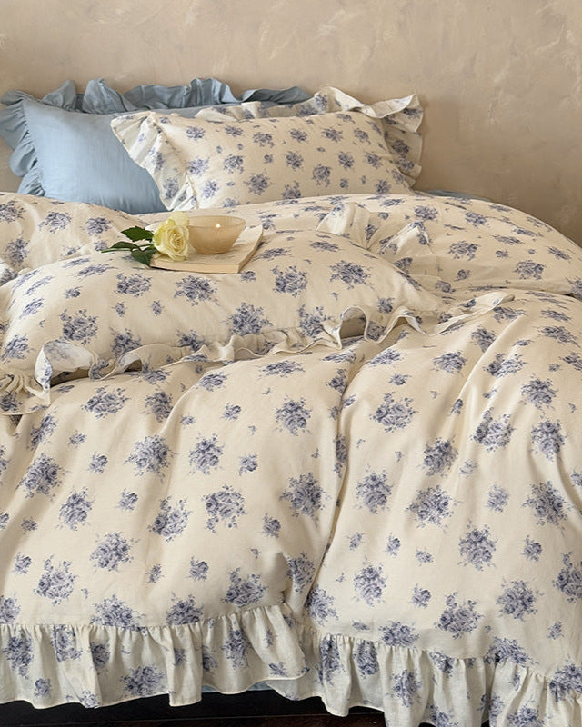 French Blue Floral Ruffled Bedding Set