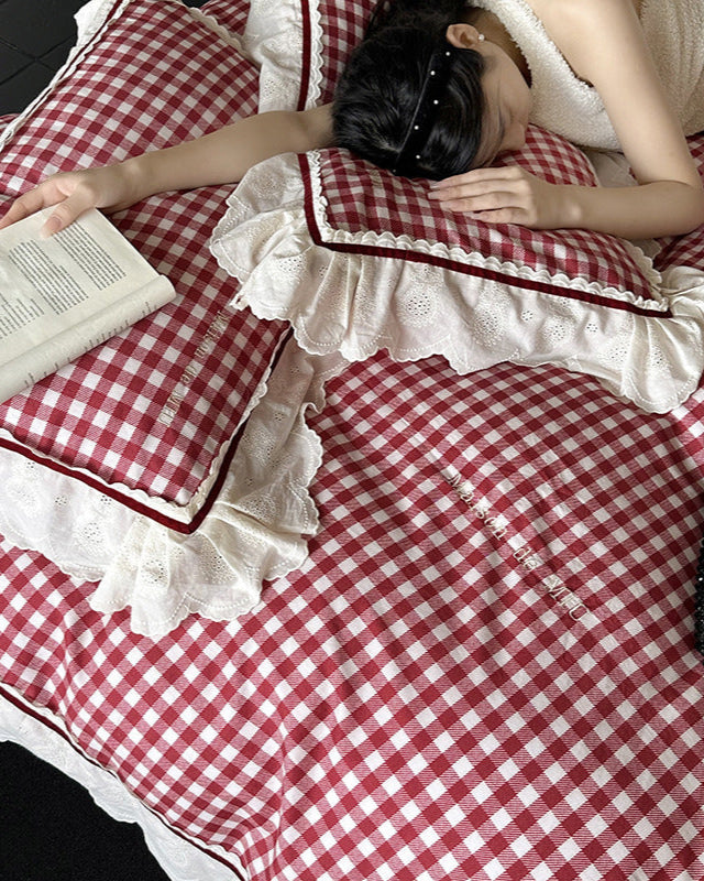 Hazel Vintage Gingham Ruffle Bedding Set - Black