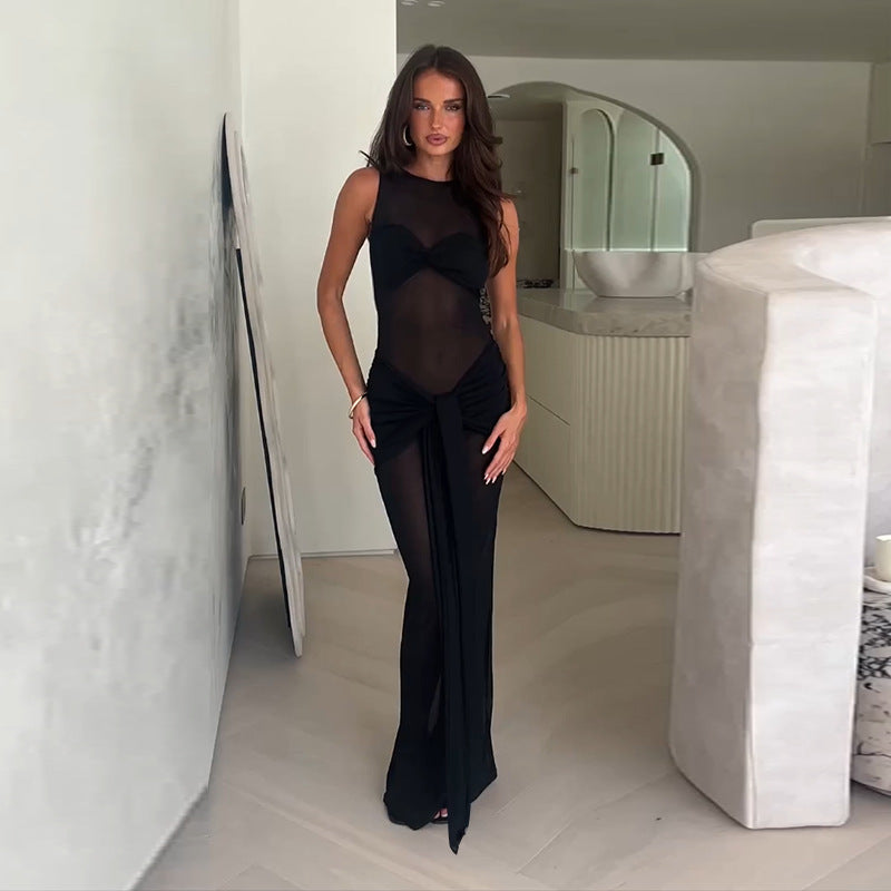 Sleeveless Mesh Fishtail Hip Maxi Dress