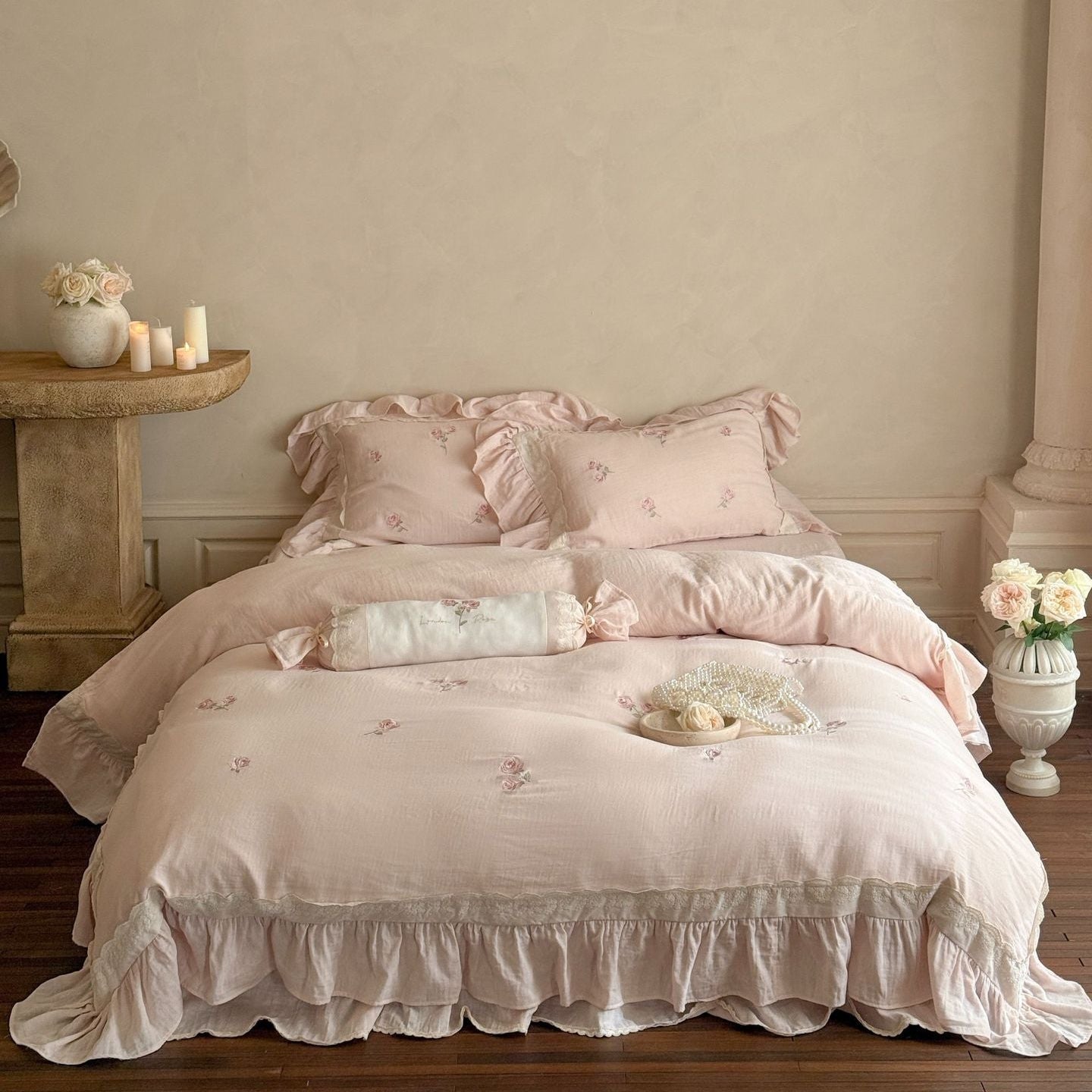 Beatrice Rose Lace Ruffle Bedding Set - Blue