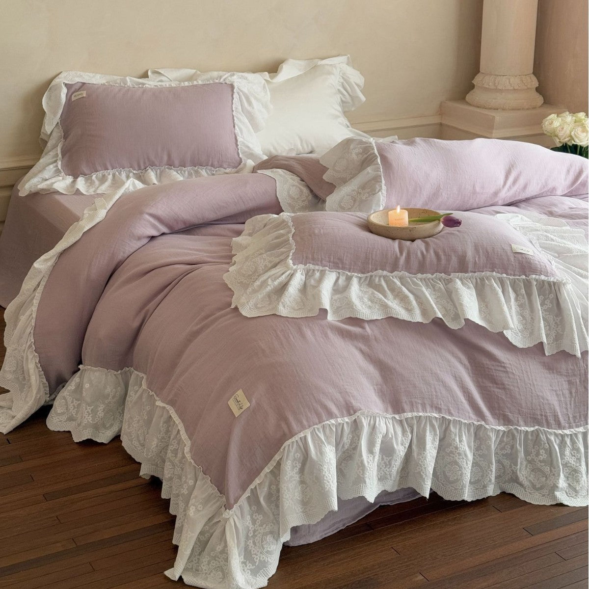Macaroon French Lace Ruffled Bedding Set - Blue