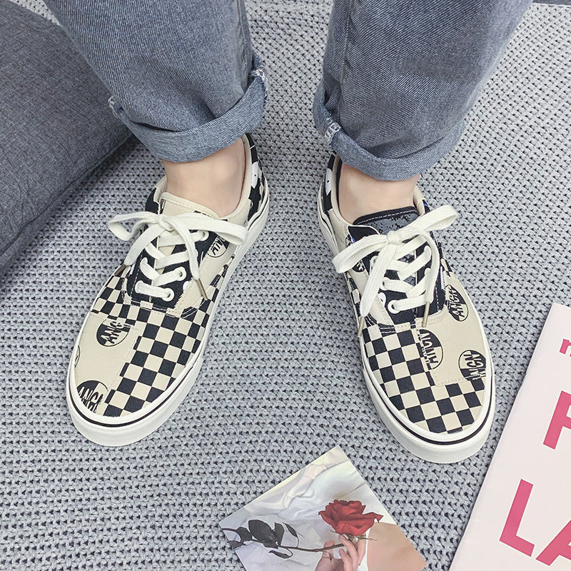Women's & Men's Spring Black And White Plaid Chessboard Canvas Shoes