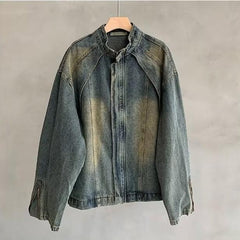 Vintage Washed Denim Zip-Up Jacket With Stand Collar