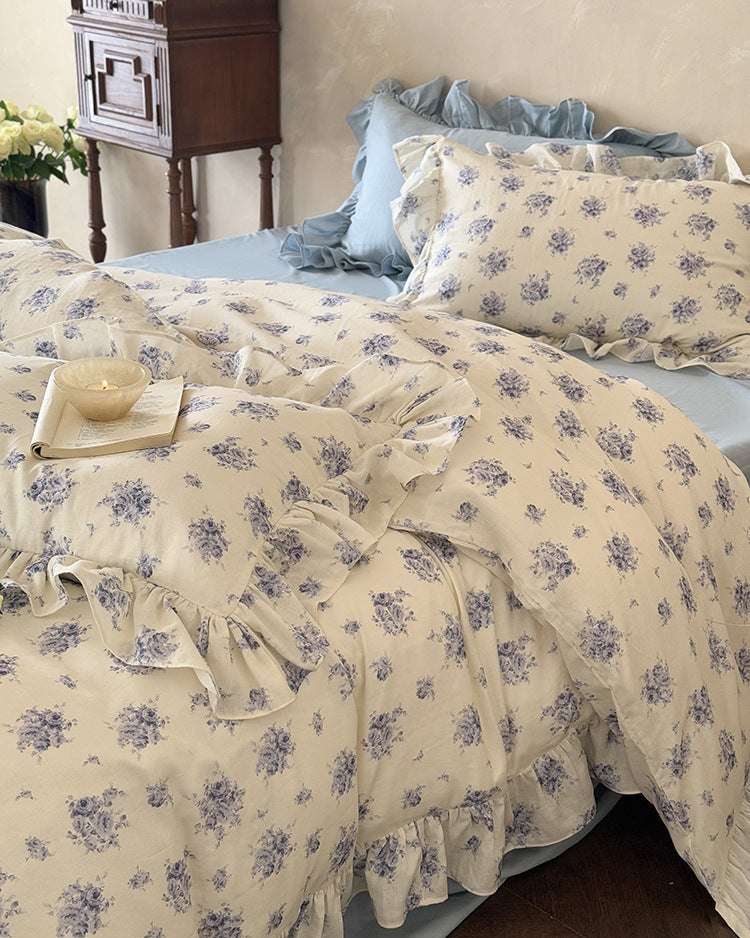 French Blue Floral Ruffled Bedding Set