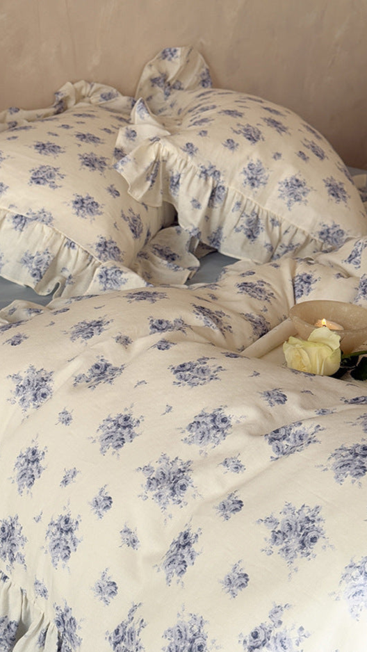 French Blue Floral Ruffled Bedding Set
