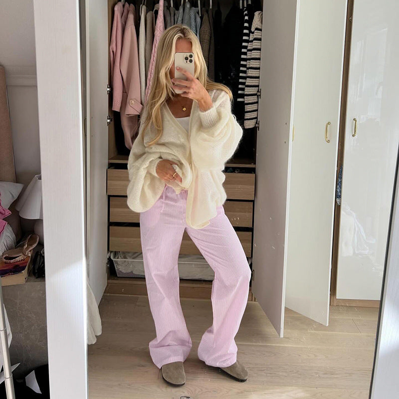 Loose striped contrast casual lace-up straight-leg trousers