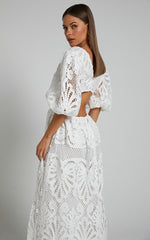 TIERed Eyelet Lace Midi Dress in White