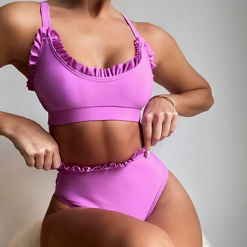 Sexy Solid Color Flounces Split Bikini Swimsuit