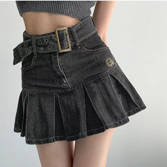 Slim Denim Short Pleated Skirt